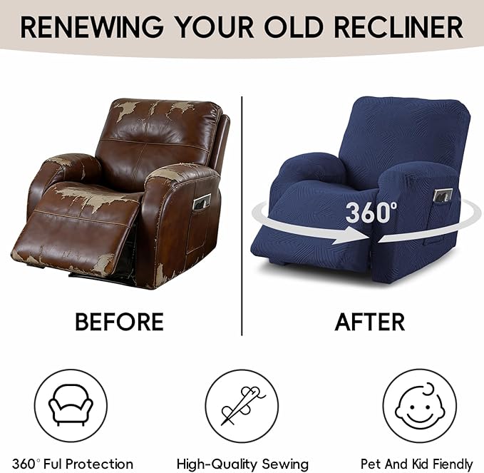 Oversized Recliner Chair Covers, 4-Piece Stretch Geometric Strokes Jacquard