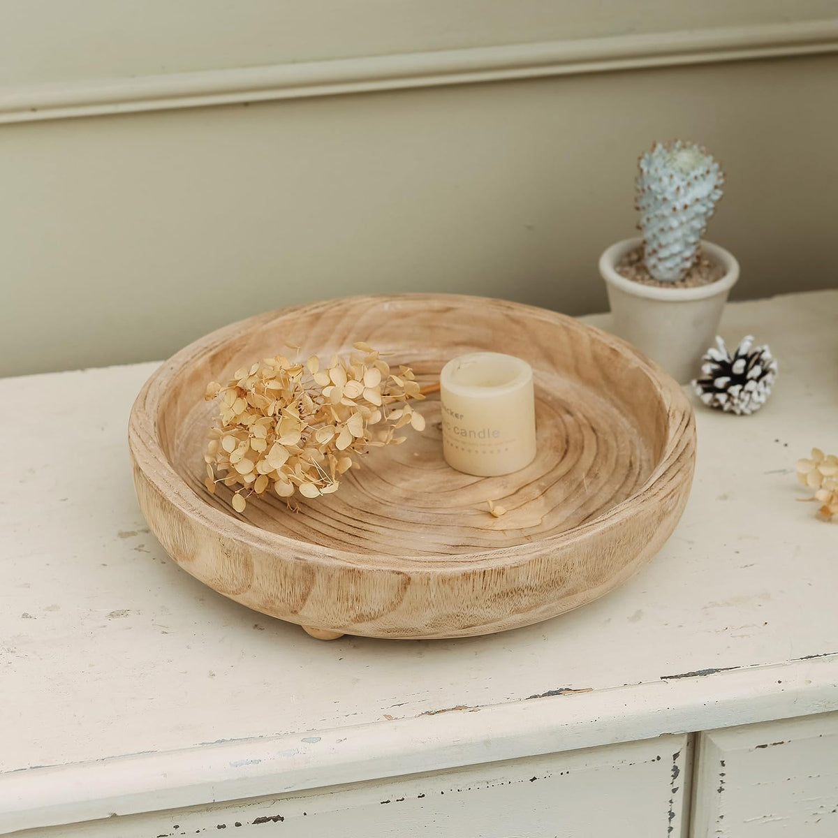 NIKKY HOME 12" Hand Carved Dough Bowls, Paulownia Wood Round Serving Bowl Decorative Wooden Tray, Natural