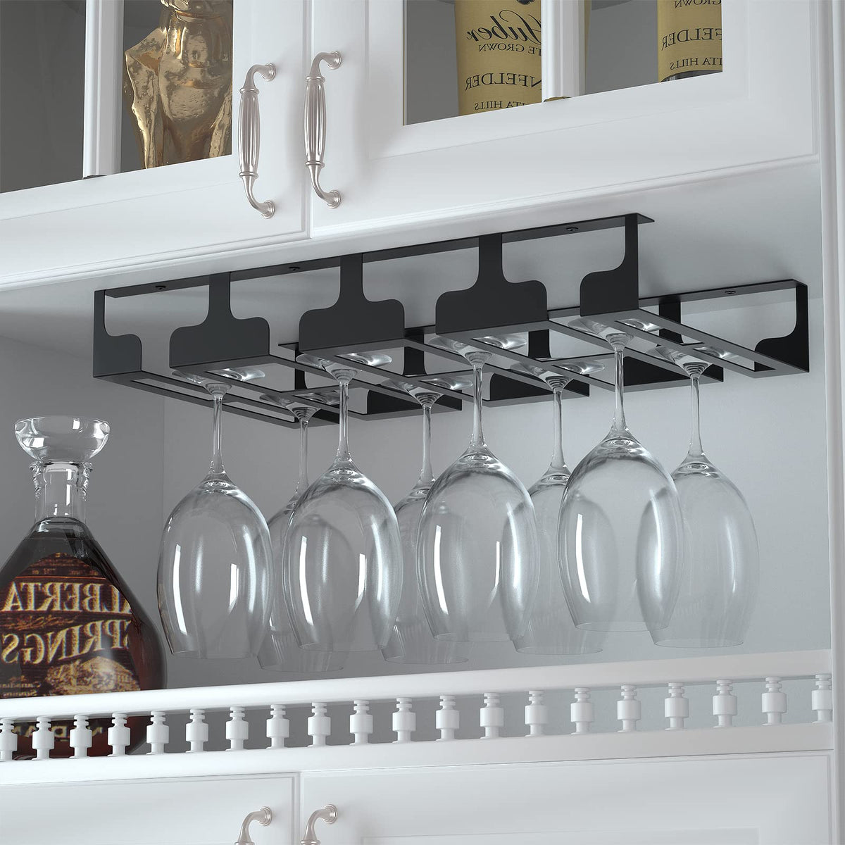 Jbikao Wine Glass Rack - Under Cabinet Stemware Wine Glass Holder Glasses Storage Hanger Metal Hanging Organizer for Bar Kitchen 4 Rows Black