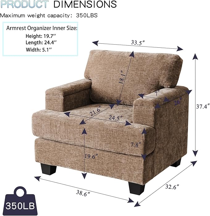 Oversized Living Room Chairs Set of 2, Comfy Accent Chair