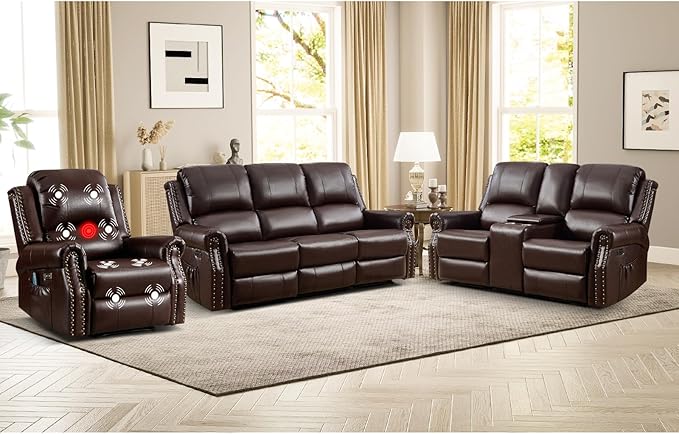 EBELLO Faux Leather Power Recliner Sofa Furniture Set, Included Electric