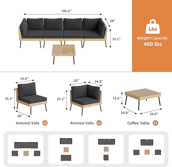 Aoxun 5-Piece Patio Furniture Set, Wicker Outdoor Furniture