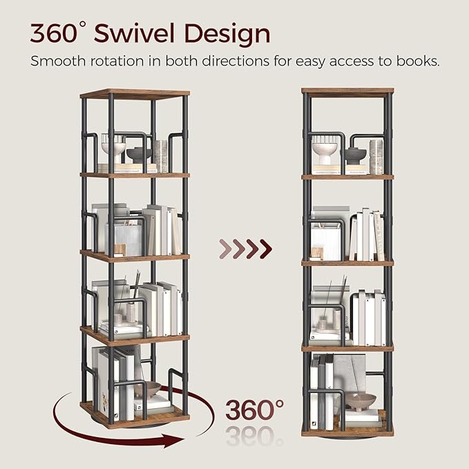 MAHANCRIS 4-Tier Rotating Bookshelf, Freestanding Corner Bookshelf, 360°