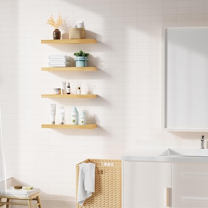 Bellsal Floating Shelves for Wall, Maple Wood Wall Shelf Set of 4, Living Room