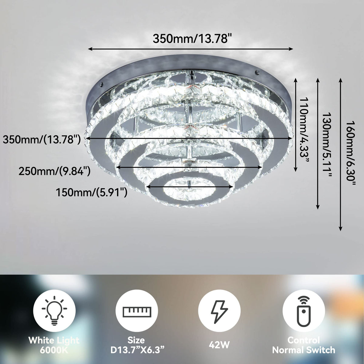 YPQXYHDA Modern Crystal Chandelier LED 3 Tier Crystal Ceiling Lights Flush Mount Round Chandeliers for Bedrooms Dining Room Living Room,Dia 13.8",Cool White,42 W