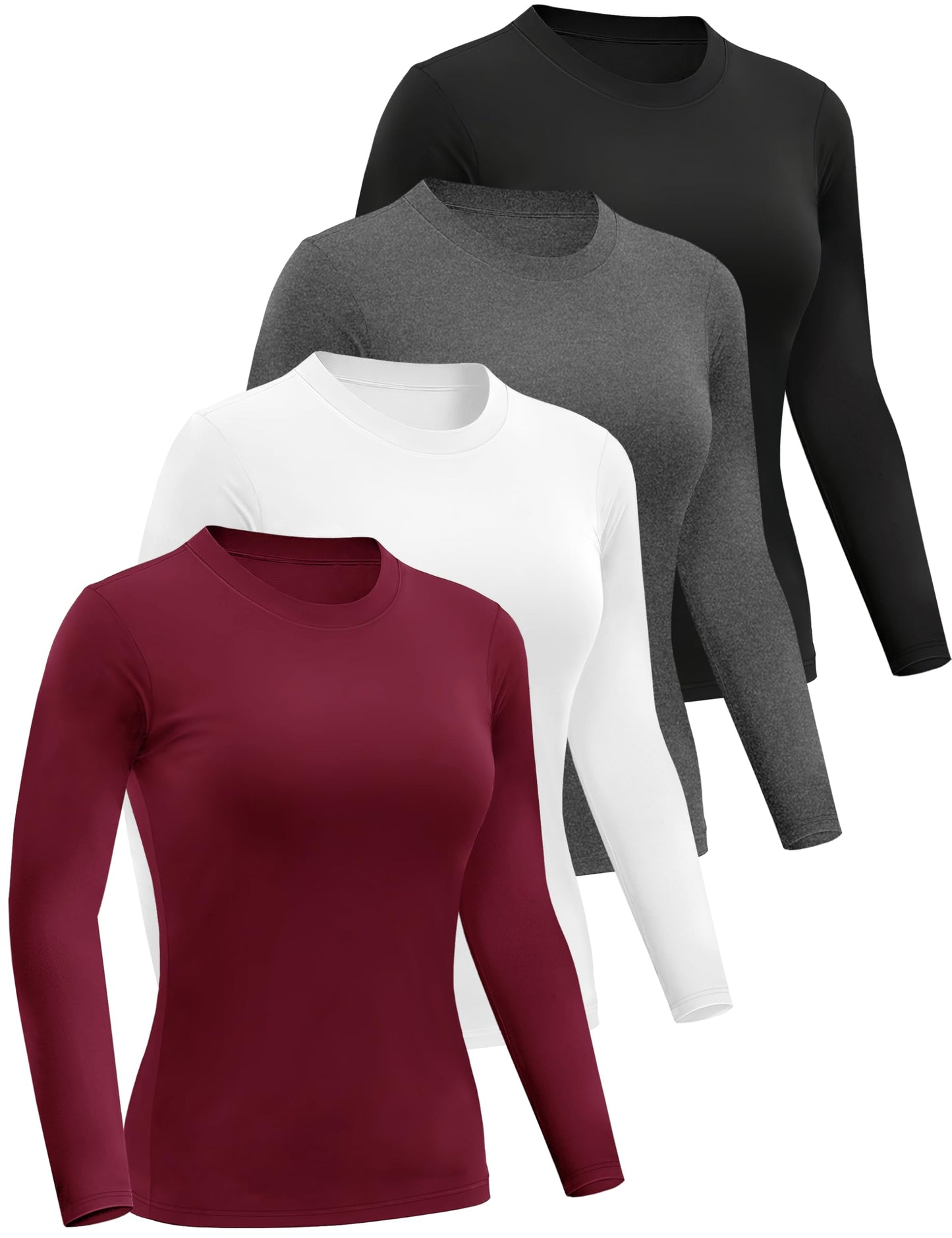 Dalavch 4 Pack Women’s Long Sleeve Basic Shirts Crew Neck Slim Fitted Compression Gym Workout Athletic Underscrubs Tops 1 Black 1 Heather Grey 1 White 1 Wine Medium