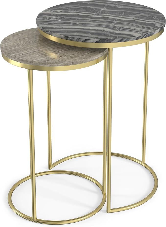 SIMPLIHOME Ashley Nesting Tables Set – 16 inch Wide Genuine Marble Top Metal