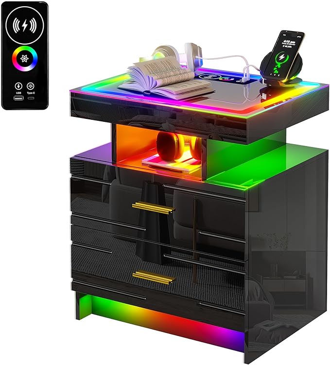 WOOVIVS Nightstand with 24 Colorful Lighst, LED Night Stand with