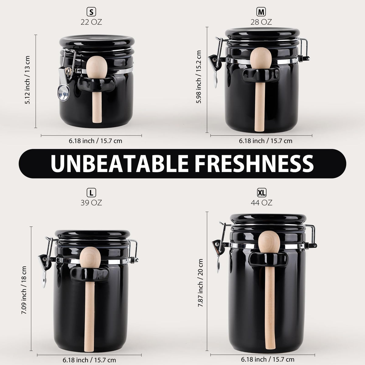 ZEBERBO 4 Piece Airtight Ceramic Canister Set With Attached Wooden Spoon Reusable Chalk Labels For Dry Goods Sugar Coffee Tea Kitchen Storage Use (Black)