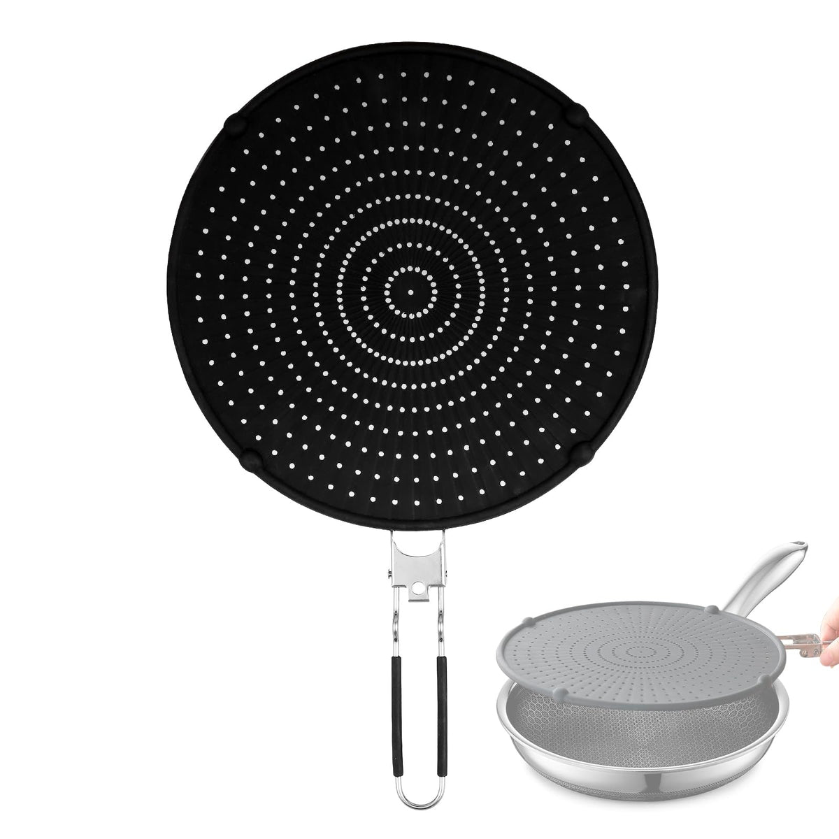 Splatter Screen Compatible with Hexclad,Heat Resistant Silicone with Folding Handle,Grease-Free Cooking,Dishwasher Safe,12.5 Inches,Black