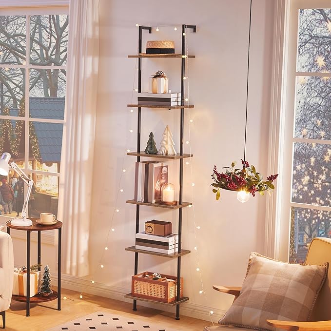 HOOBRO DIY Ladder Shelf, 6-Tier Wooden Wall Mounted Bookshelf, Narrow Bookcase