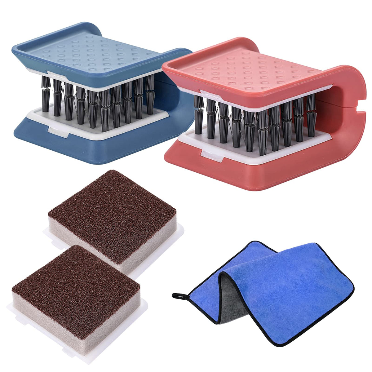Knife Cleaner, 2 Pack Cutlery Cleaner, Blade Cleaner with 2 Pcs Replacement Sponge Brush Head,Microfiber Cleaning Cloth, for Kitchen Chopsticks Fork Spoon Knives Washing(Blue,Pink)