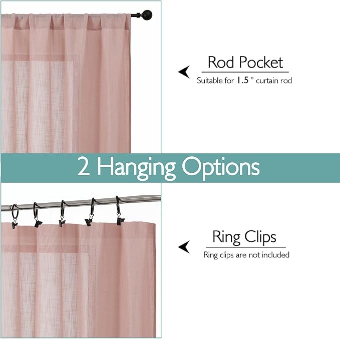 Chyhomenyc Rose Pink Semi Sheer Curtains 36 Inch Length, Light Filtering Faux
