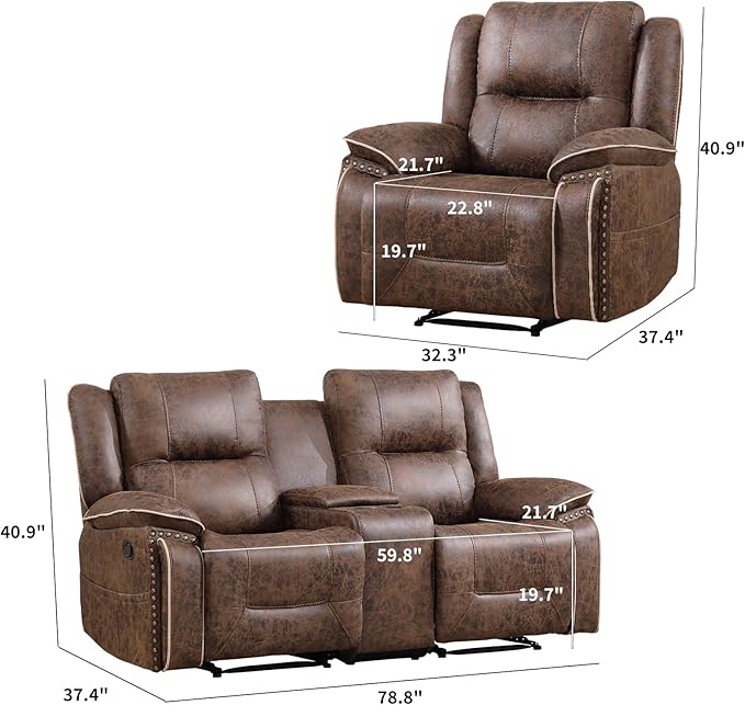 EBELLO Faux Leather Manual Recliner Sofa Set, 1 Seat Reclining Chair and a