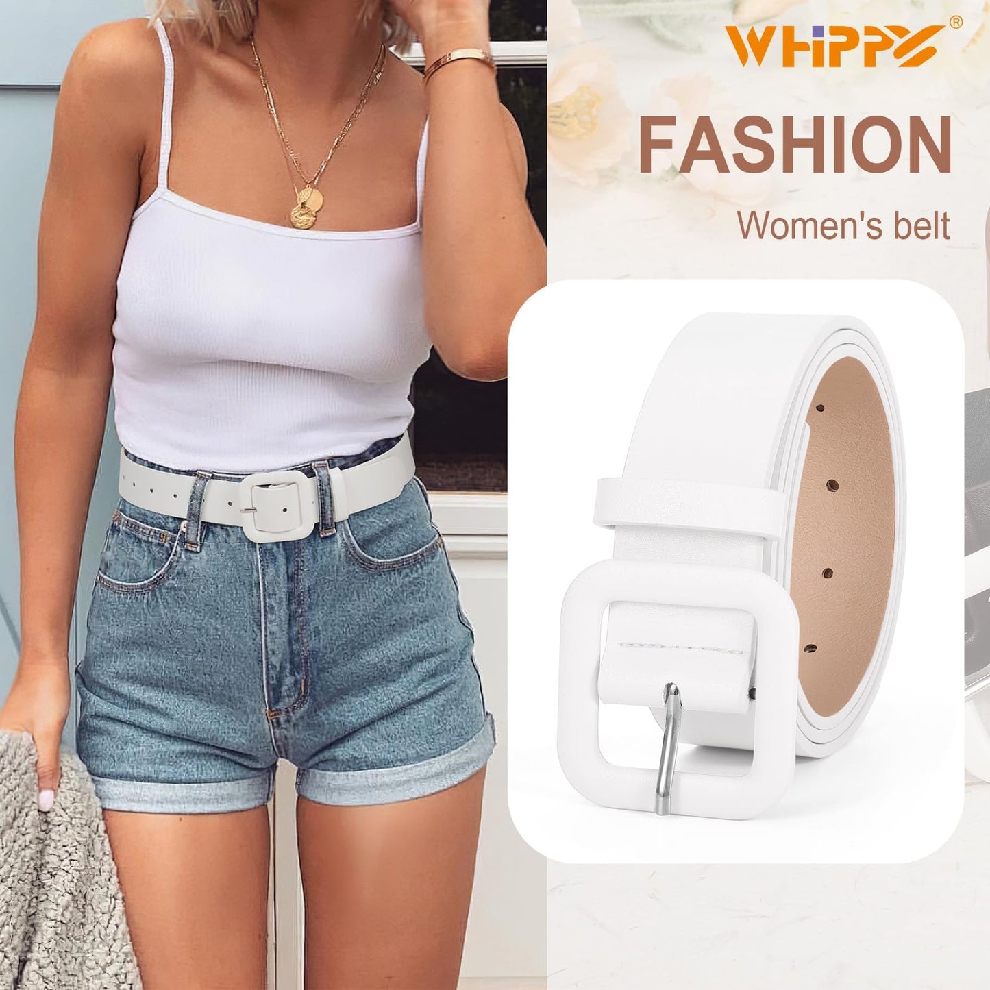 WHIPPY Women Leather Belt Candy Color Fashion Square Buckle Belt Ladies Belt for Jeans Pants Dresses, White, S