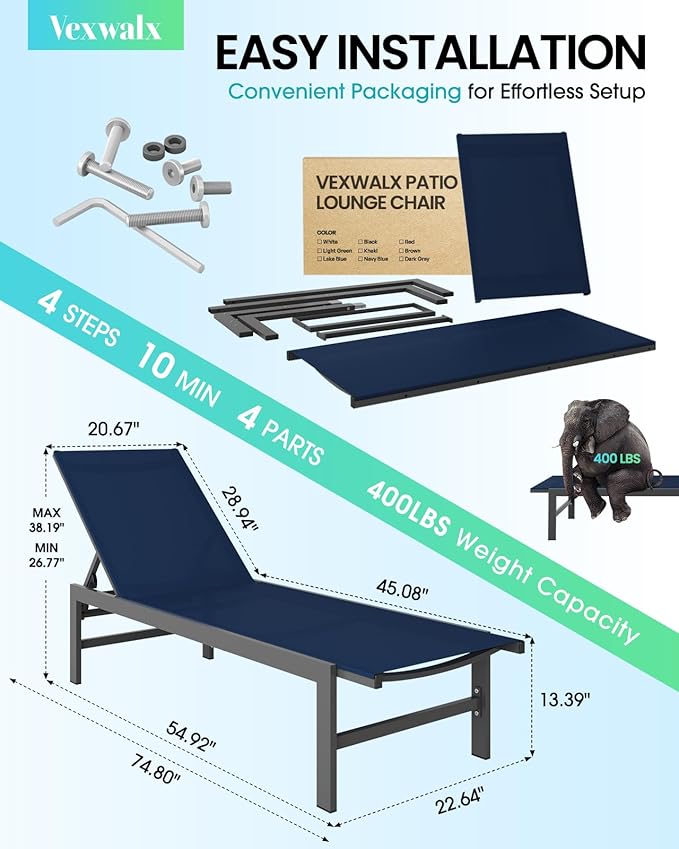 Vexwalx Outdoor Lounge Chair for Pool, Aluminum Chaise Lounge Chairs