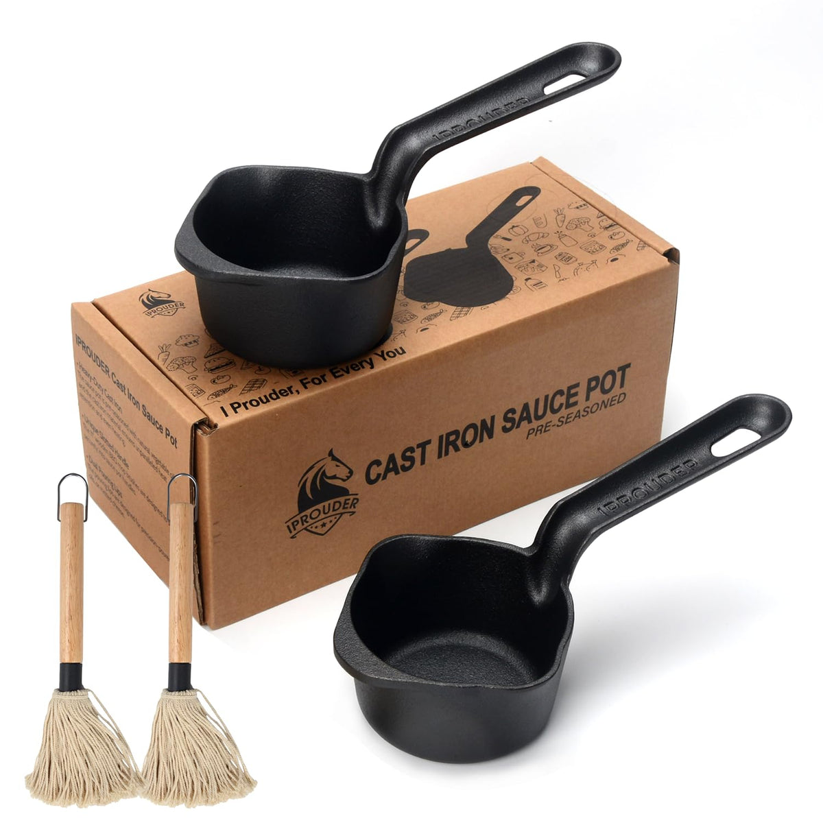 IPROUDER Cast Iron Sauce Pan and Basting Pot with BBQ Mop Brushes - Cast Iron Small Sauce Pots 2 Pcs for Grilling, Melting, Camping Cooking & Stoves - Mini Pot for Butter Melter