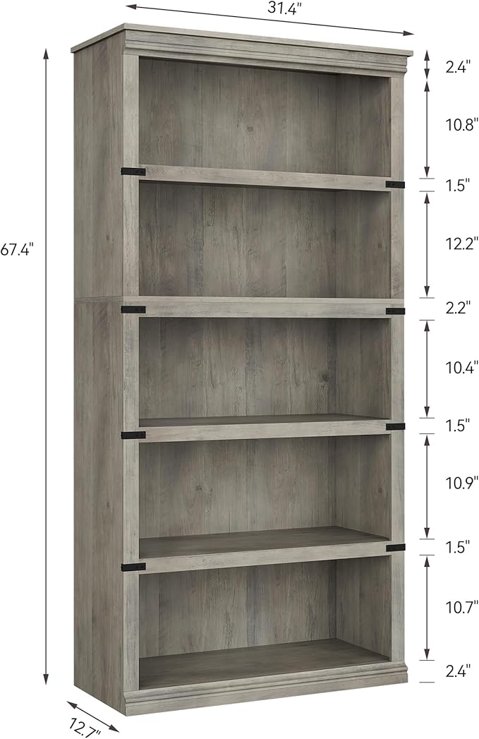 GarveeHome 5 Tier Farmhouse Bookcase, 67.4" Tall Book Shelf