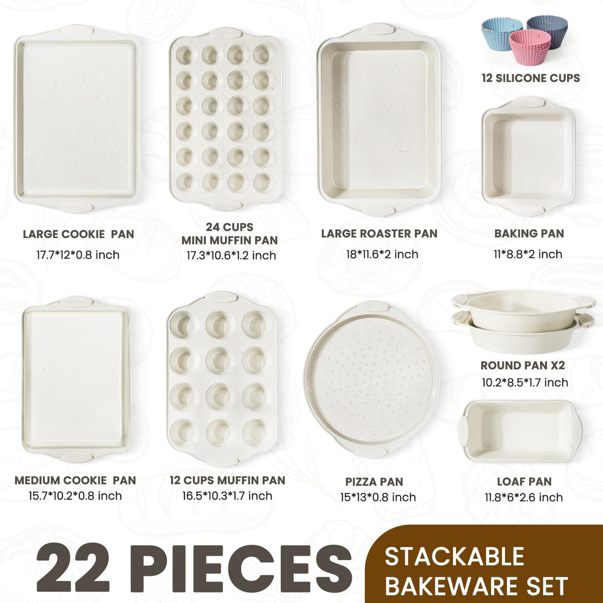Kikcoin 22 PCS Nonstick Baking Pans Set, Stackable Bakeware Sets with Silicone Handles, 450°F Oven Safe Baking Sheet Set, Easy Release Cookie Sheets for Baking, Cream