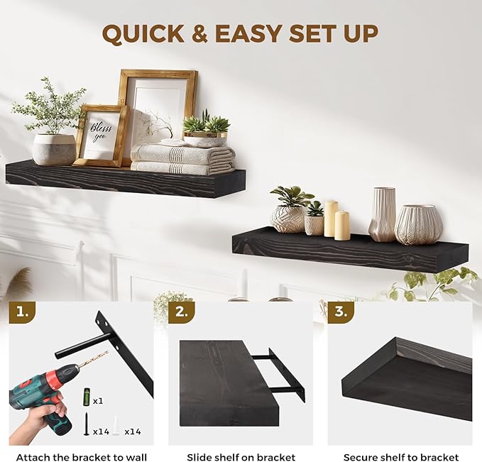 24x8x1.6 inch Floating Shelves Set of 2 – Solid Wood Rustic Black Wall Mounted