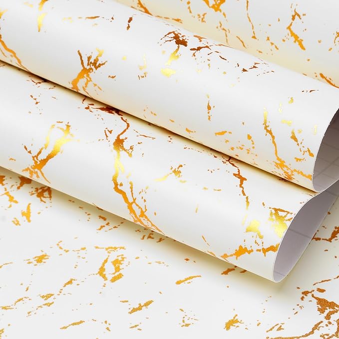 FunStick 36"x200" Cream White and Gold Wallpaper Peel and Stick Marble Contact