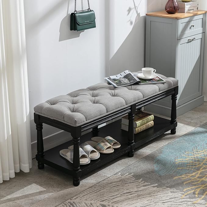 Farmhouse Storage Bench Wooden Entryway Linen Upholstered Ottoman Button Tufted