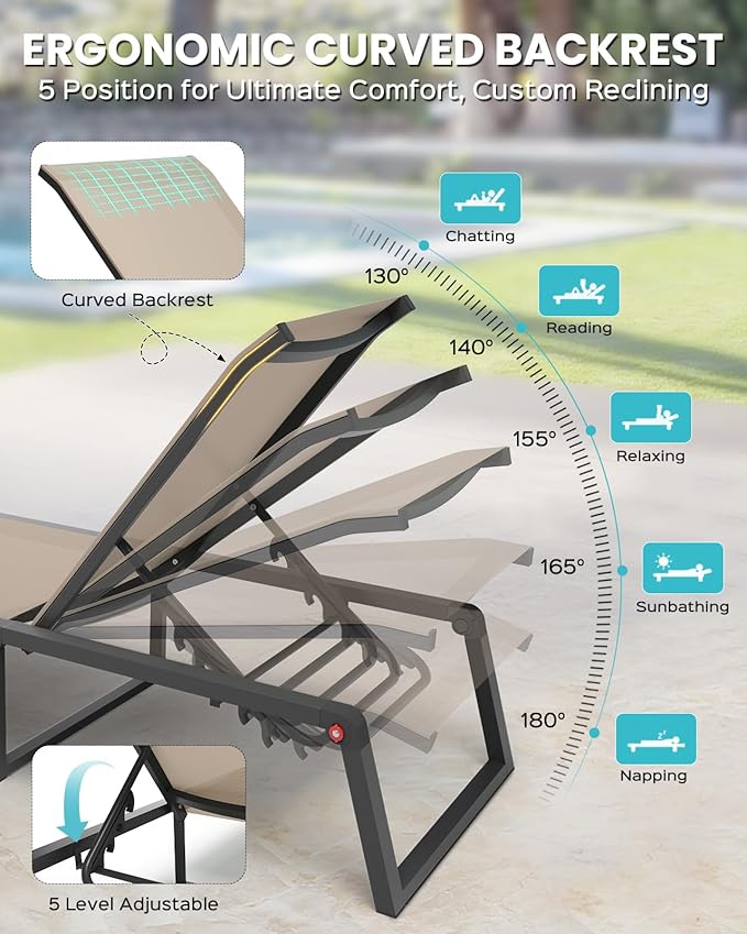 Aluminum Chaise Lounge Chair Outdoor, Foldable& No Assembly Patio Pool Lounge