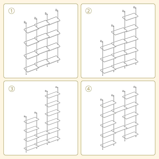HOOBRO DIY Ladder Shelf, 6-Tier Wooden Wall Mounted Bookshelf, Narrow Gold