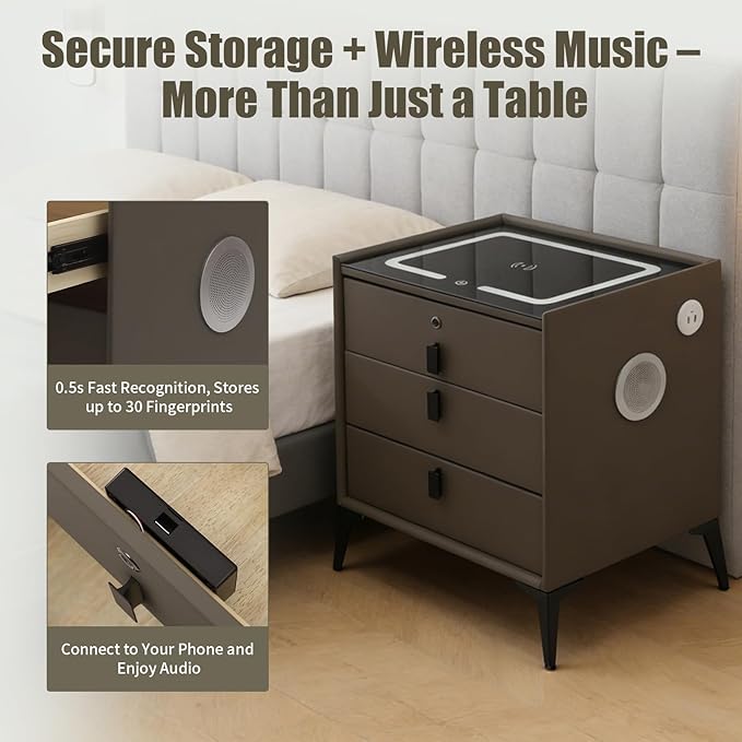 Smart Nightstand with Charging Station, Adjustable LED, USB Ports, Fingerprint