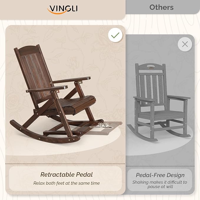 VINGLI Wooden Porch Rocking Chair, Heavy Duty Outdoor Rocking Chair