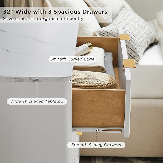 T4TREAM Fluted 3 Drawers Nightstand Set of 2, Oversized Extra Large Modern Side