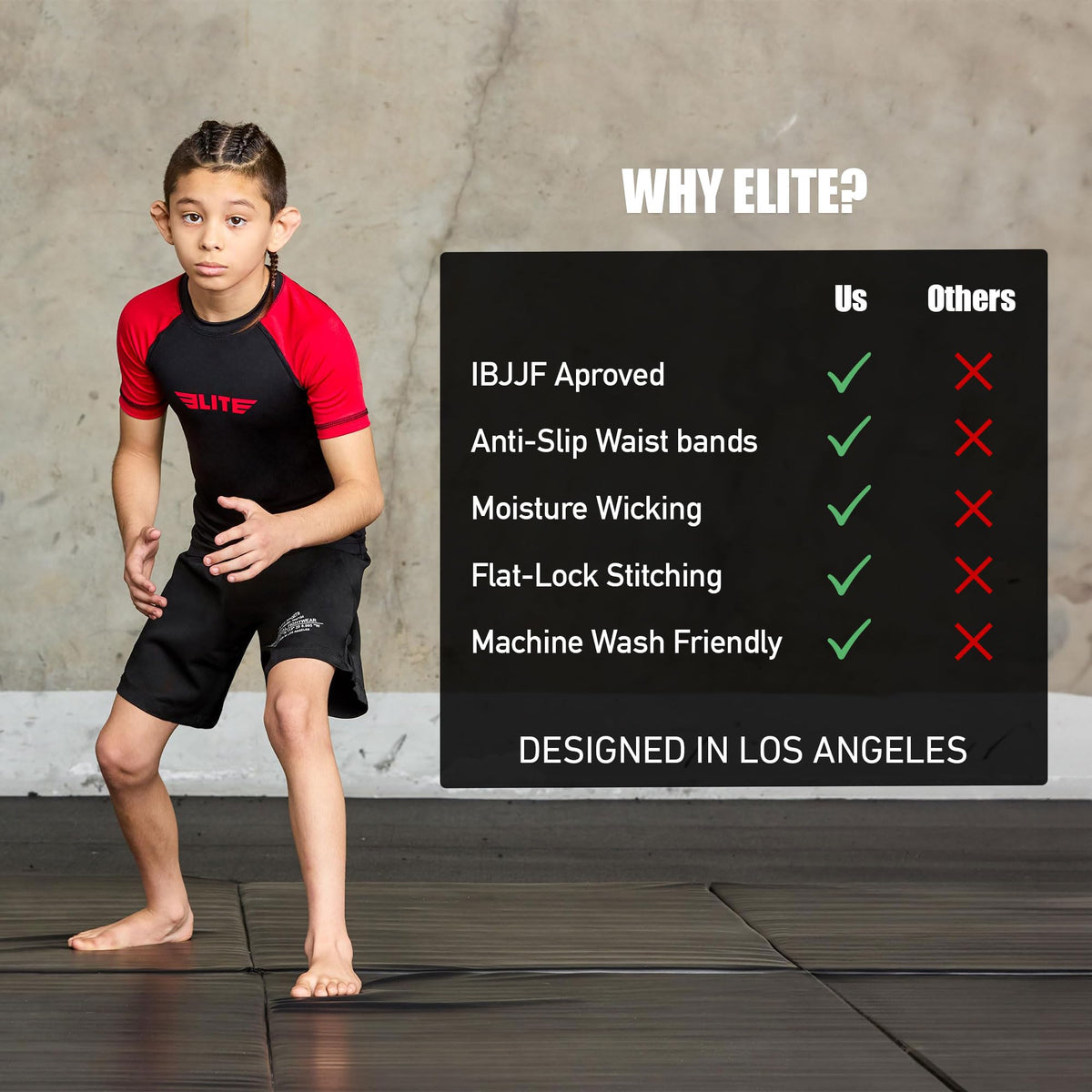 Elite Sports Kids Jiu Jitsu BJJ Rash Guard, Short Half Sleeve Compression Shirt for Youth Boys Girls Sports Nogi Training Red