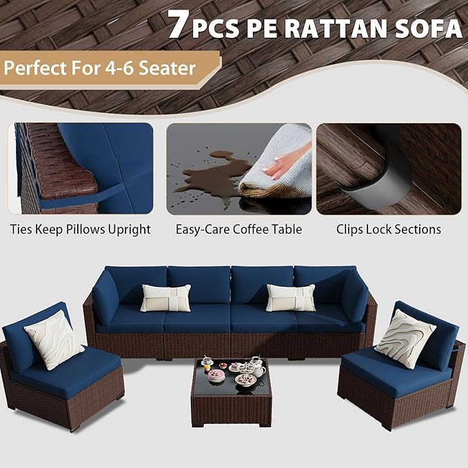 KIGOTY 7-Piece Patio Furniture Set, All-Weather PE Rattan Outdoor Sectional Sofa