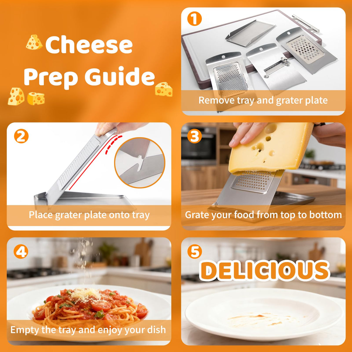 Aolzg 3-in-1 Handheld Cheese Grater Set for kitchen - Adjustable Slicer, Grater and Shredder with Tray - 430 Stainless Steel for Cheese, Butter, Vegetables, Chocolate, Dishwasher Safe