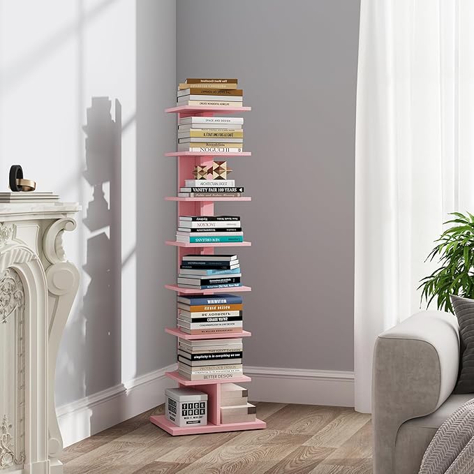 TUTOTAK Bookshelf, 8-Tier Bookcase, Narrow Spine Book Shelf