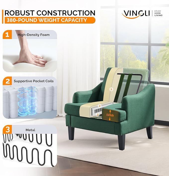 VINGLI Linen Fabric Accent Chair Green, Modern Upholstered Armchair, Comfy Sofa