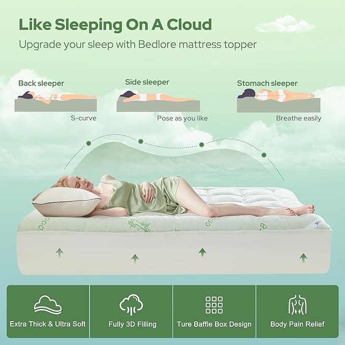 BEDLORE Full Size Mattress Topper Viscose Derived from Bamboo, Thick Pillow Top