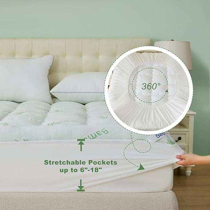 BEDLORE Queen Mattress Topper Viscose Derived from Bamboo, Thick Pillow Top