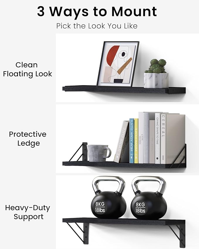 BAYKA Wall Mounted Floating Bathroom Shelves, Wood Floating Wall Shelf