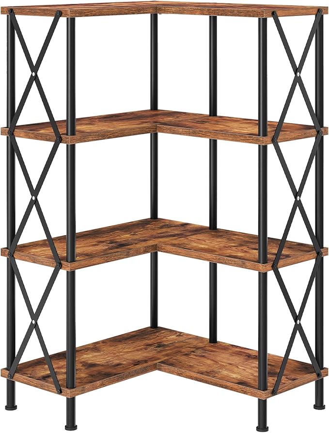 HOOBRO Corner Bookshelf, 4-Tier L-Shaped Bookcase, Industrial Open Display