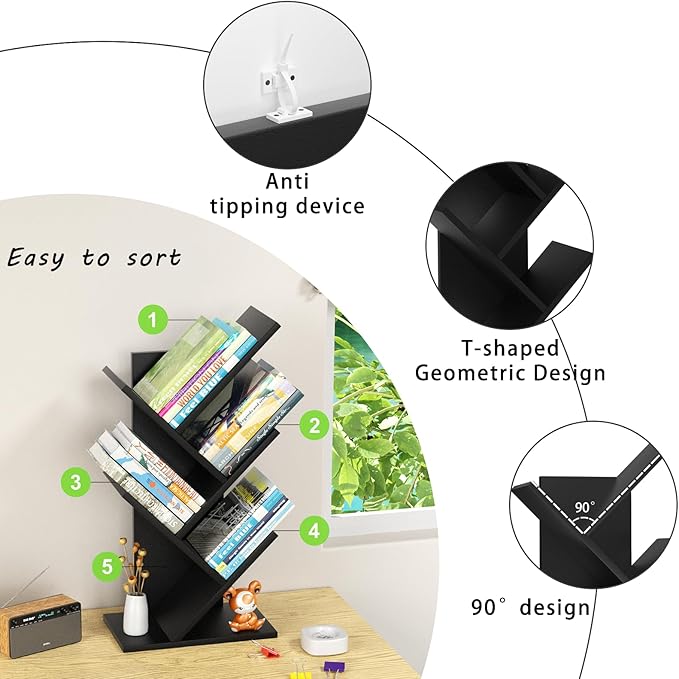 SHEEPAM 5 Tier Tree Book Shelf, Small Desktop Bookshelf