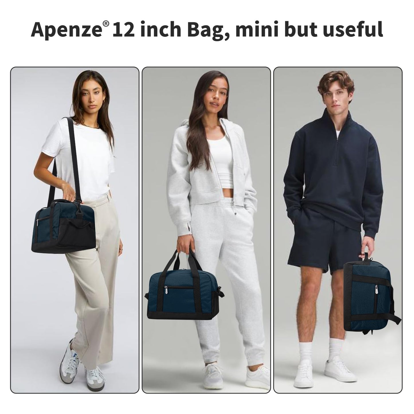 Apenze Small Gym Bag Carry On Bag - 12 in Mini Duffle Bag Lightweight for Overnight Travel（Navy Blue）