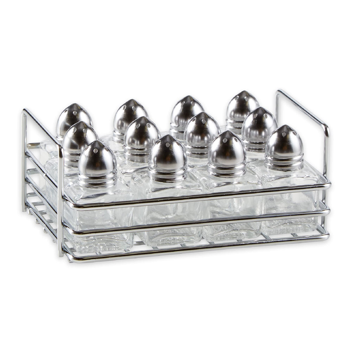 RSVP International Mini Glass Salt & Pepper Set Holder Included, 12 Shakers, Chrome and Stainless Steel