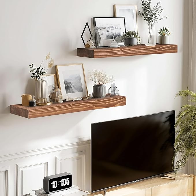 17x8x1.6 inch Floating Shelves Set of 2 – Solid Wood Rustic Brown Wall Mounted