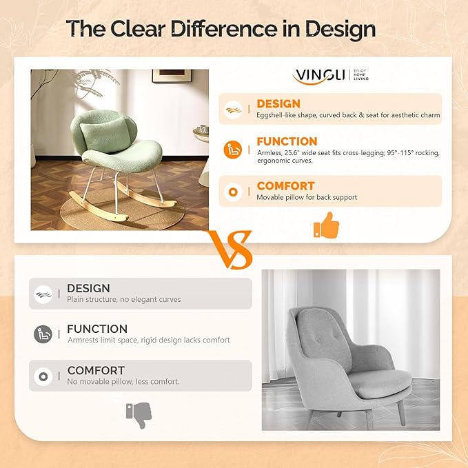VINGLI 25.6" Extra Wide Criss Cross Nursery Rocking Chair, Cute Curved 115°