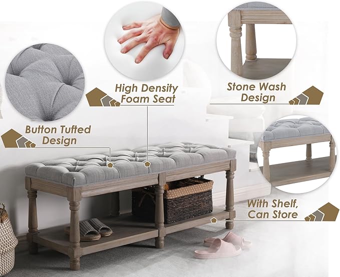 Farmhouse Storage Bench Wooden Entryway Upholstered Tufted Ottoman Bench