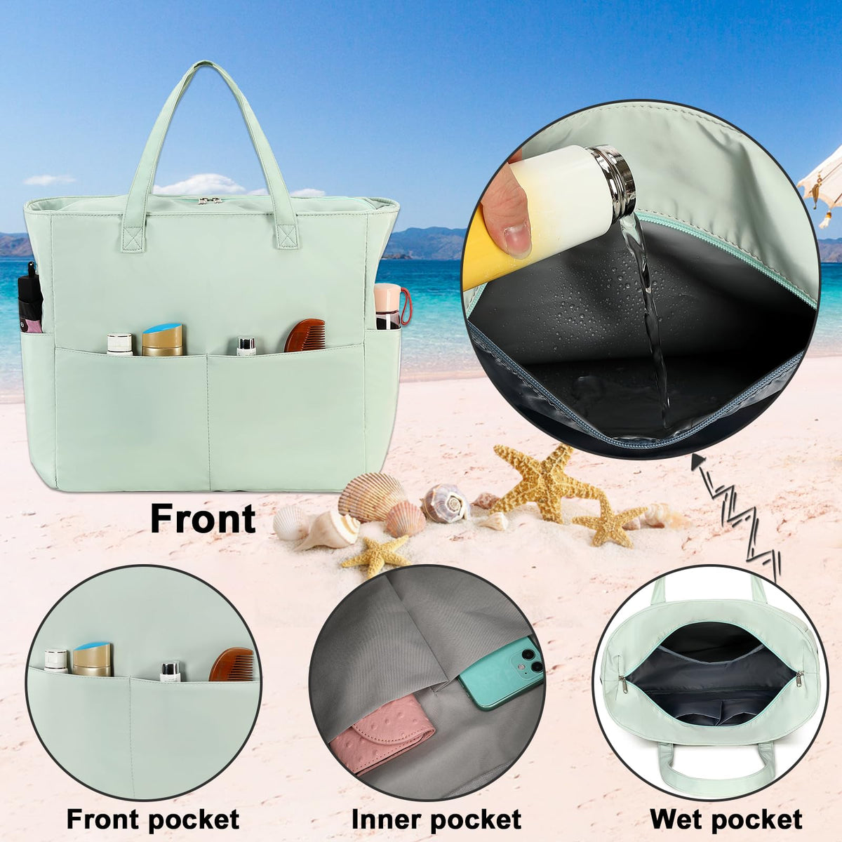 Waterproof Beach Tote Pool Bags for Women Ladies Extra Large Gym Tote Carry On Bag With Wet Compartment for Weekender Travel (Light green)