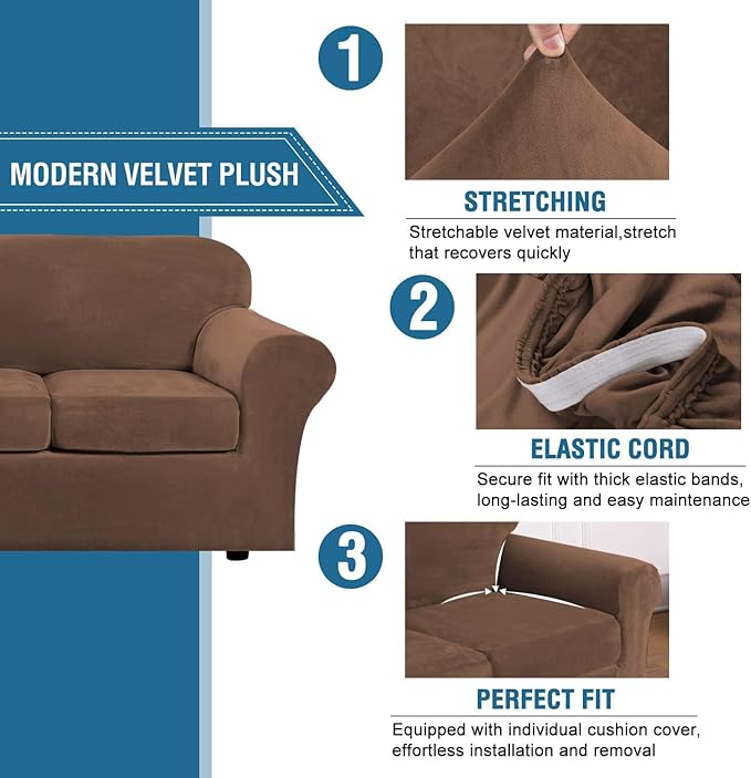 H.VERSAILTEX Velvet 4 Piece High Stretch Sofa Slipcover Cover Furniture