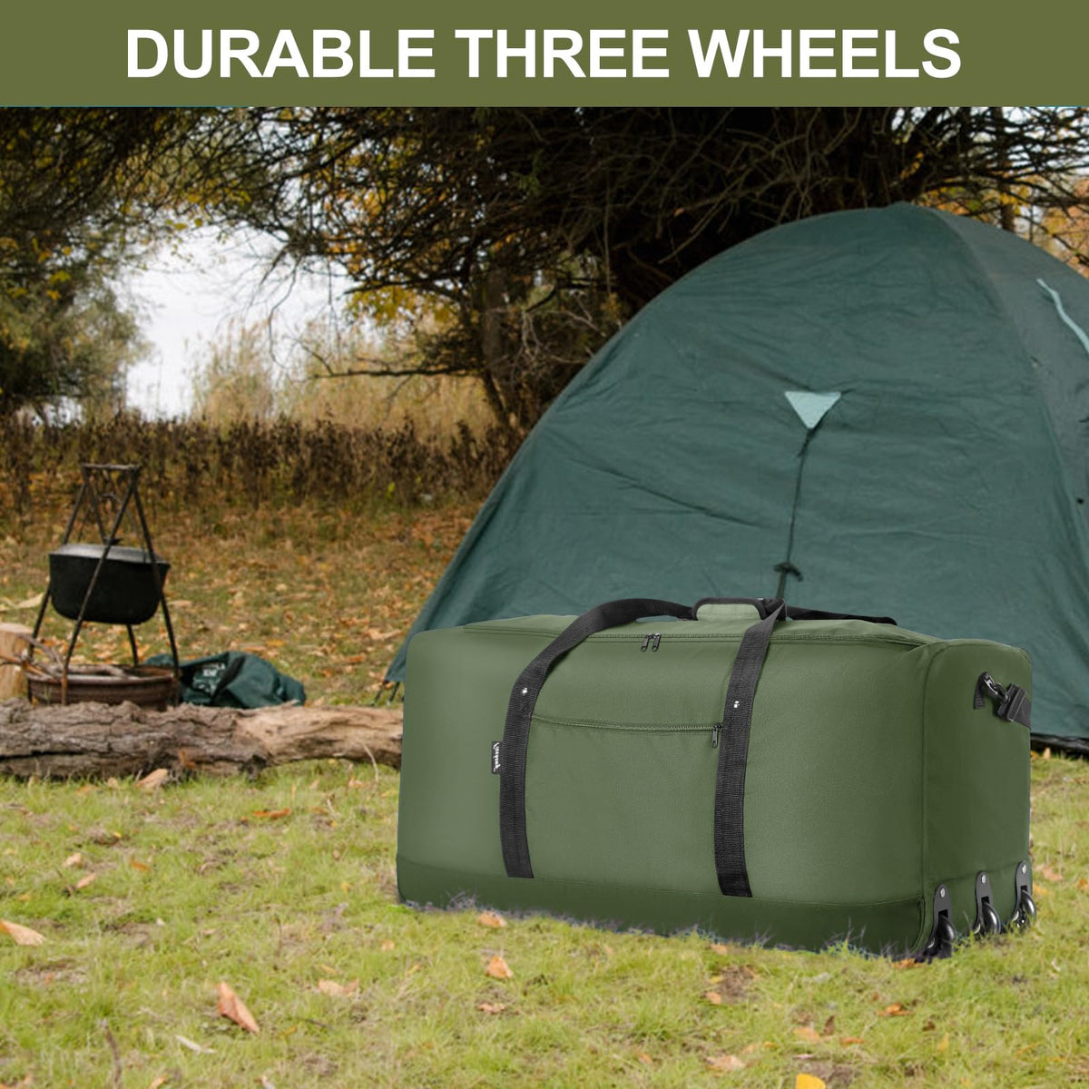 Finnhomy 120L Foldable Rolling Duffel Bag with 3 Wheels, Light Weight Travel Duffel bag with Large Loading Capacity, 32 inch Rolling Duffel bag with Shoulder Strap for Travel Camping Sports, Green