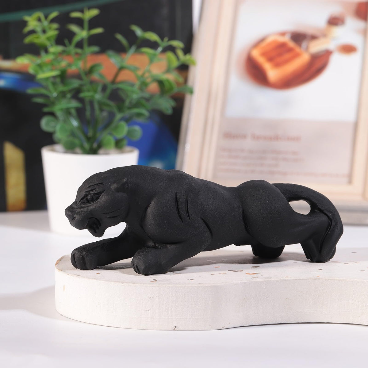 mookaitedecor Black Obsidian Crystal Leopard Figurine, Hand Carved Panther Animal Stone Statue Sculpture Ornament for Home Decor Collectible